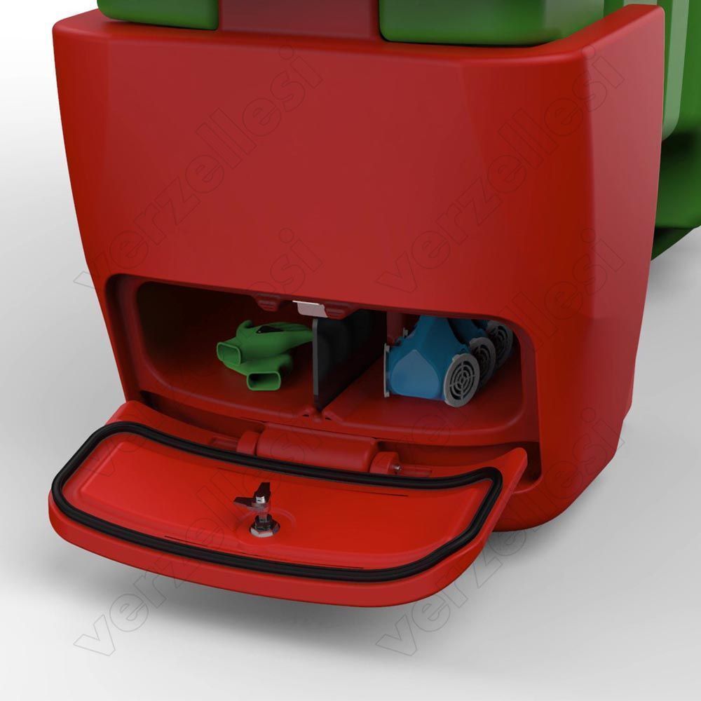 Disponibile come optional sul lava-impianto: vano porta-guanti con parete divisoria e sportellino. Optional on system-washing tank: gloves compartment with dividing wall and closing wicket